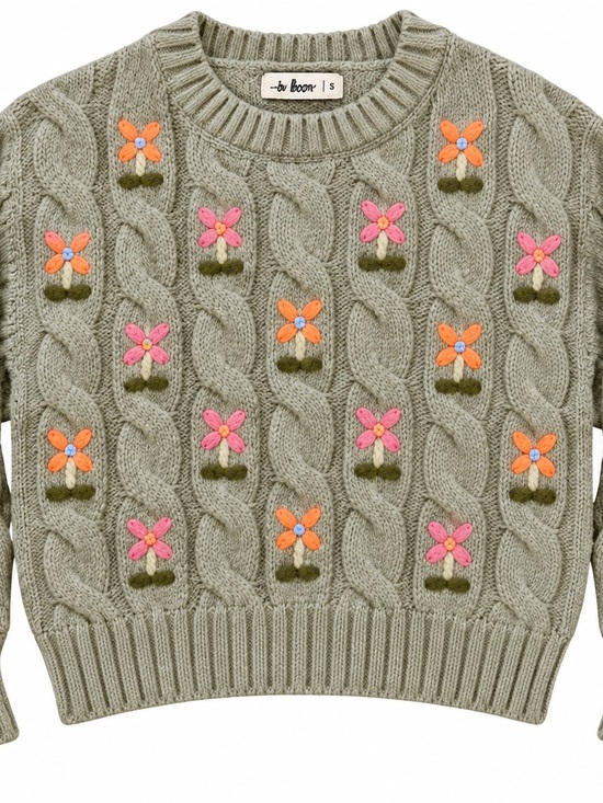 In Bloom Sweaters - In Bloom Sage Cable-Knit Sweater with Pink & Orange Flowers